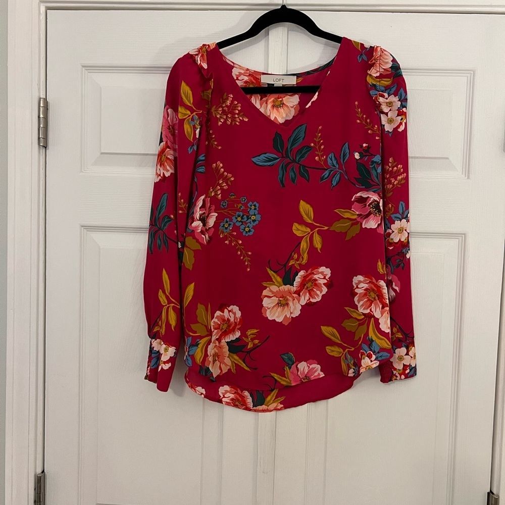 LOFT Fuchsia Floral V-Neck Long-Sleeve Blouse